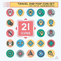 conjunto de iconos de viaje y mapa - estilo mate de color vector