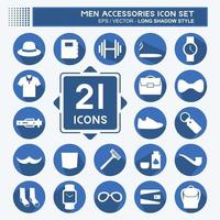 Men Accessories Icon Set in trendy long shadow style isolated on soft blue background vector