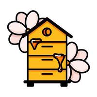 Hive. Yellow beehive doodle vector illustration. Home of the wasp, bee and insect with flowers. Honey production, beekeeping. Flat cartoon illustration isolated on white