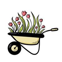Hand drawn doodle tulips flowers in garden wheelbarrow isolated on white background vector illustration. Happy gardening. Cute sketch for garden shop logo, typography poster, farm icon, card.