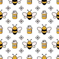 Cute honey bee seamless pattern. Vector doodle cartoon beehive, flowers and honeycombs illustration digital paper isolated on white background for kids fabric prints