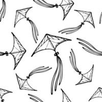 Kite vector seamless pattern doodle, hand drawn, minimalistic, monochrome. Black and white