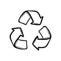 Doodle símbolo de flecha de reciclaje, utilizando recursos reciclados. icono de vector de eco verde estilo dibujado a mano. concepto de ecología de residuos cero