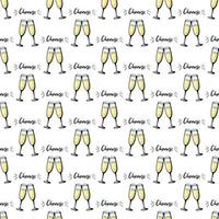 Glasses of champagne seamless doodle pattern. Cheers vector illustration on white background. Valentines day greeting card, anniversary celebration poster