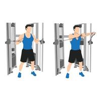 Man doing standing cable chest press exercise, Flat illustration isolated on white background. Chest workout vector