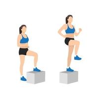 Woman doing Step up with knee raise exercise. Flat vector illustration isolated on white background