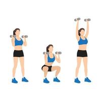 Woman doing Dumbbell thrusters. Squat to overhead press exercise. vector