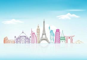 Travel and Tourism Background with Famous World Landmarks in 3d Realistic and Sketch Drawing Elements. vector