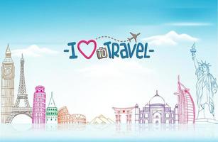 Travel and Tourism Background with Famous World Landmarks in 3d Realistic and Sketch Drawing Elements. vector