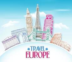 Colorful Travel Europe Hand Drawing in paper Cut with Famous Landmarks and Places in Blue Background. vector