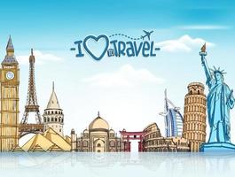 Travel and Tourism Background with Famous World Landmarks in 3d Realistic and Sketch Drawing Elements. vector