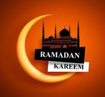 Ramadan kareem greeting vector design for muslims fasting with crescent moon and mosque in orange background.