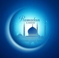 Vector Moon and Mosque Lightning in Dark Background with Ramadan Kareem Greetings.