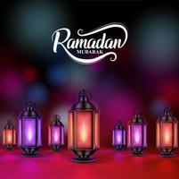 Ramadan mubarak vector design with colorful lanterns or fanoos in dark night background.