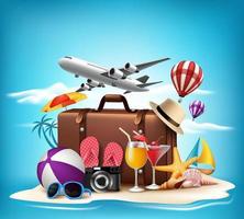 3D Realistic Summer Vacation Design for Travel in a Sand Beach Island in Horizon with Summer Items. vector