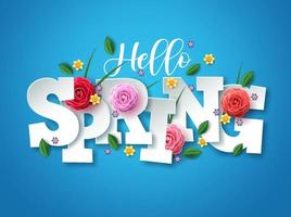 Hello spring vector greetings design. Spring text with colorful flower elements like camellia, daffodils, crocus and green leaves.