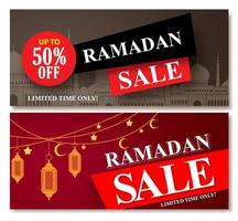 Ramadan sale vector banner designs set for shopping discount promotion with mosque and lantern element in a background.