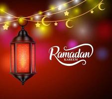 Ramadan kareem vector design with hanging lantern or fanoos and crescent moon in decorated colorful background.