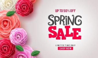 fondo de flores de vector de venta de primavera. texto de descuento de venta de primavera y coloridas flores de camelia