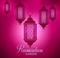 silueta de fondo de linternas vectoriales en luces brillantes en la oscuridad con saludos de ramadán kareem. vector