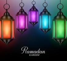 linternas de fondo en luces brillantes de colores en la oscuridad con saludos de ramadán kareem. vector