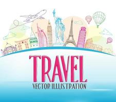 Travel Concept Design Background of Line Drawing of Famous Landmarks Around The World. vector