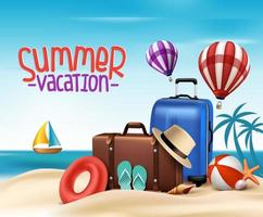 3D Realistic Summer Vacation Poster Design with Bags in Beach Sea Shore. vector