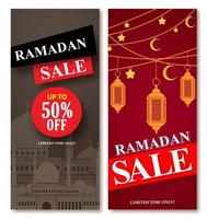 Ramadan sale vector web poster designs set with mosque and lantern elements in background