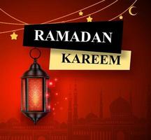 Ramadan kareem greeting vector banner design with hanging lantern or fanoos in red mosque background.