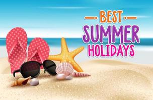 Best Summer Holidays Title Words in Beach Seashore with Outdoor Elements. vector