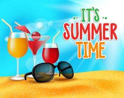 título de horario de verano en fondo de arena y horizonte con bebidas o copas de cóctel y sombras vector
