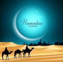 ramadan kareem fondo de luna en la noche con camellos montando en la arena del desierto vector