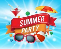 Summer Party Poster with Colorful Elements and a Text in a Ribbon with Blue Background. vector