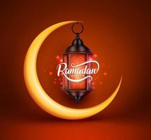 diseño de saludos vectoriales ramadan kareem con linterna o fanoos colgando en luna creciente amarilla en fondo rojo. vector