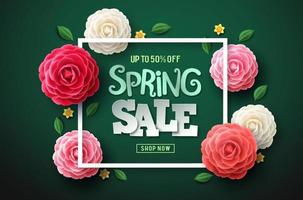 Spring sale vector banner design. Spring sale text with colorful camellia flowers, leaves and frame