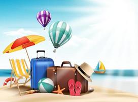 3D Realistic Summer Travel and Vacation Poster Design with Editable Beach Elements. vector