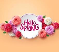 Hello spring flowers vector background. Hello spring greeting text in white space