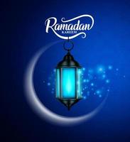 Ramadan kareem vector greetings design with lantern or fanoos hanging in crescent moon