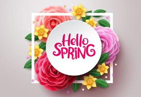 Spring flower vector background. Hello spring text in white frame space and colorful camellia and crocus flowers