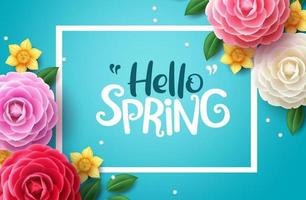 Hello spring vector background. Spring greeting text, colorful camellia flowers and crocus flowers