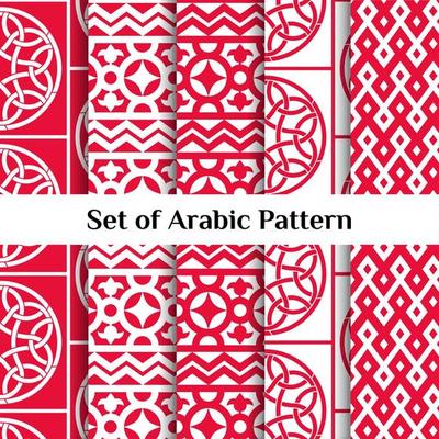 Set of 5 arabic patterns background. Geometric muslim ornament. red on white color palette. vector illustration of islamic texture. traditional arab wallpaper