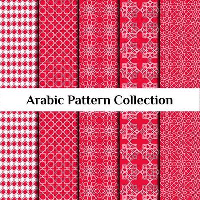 Set of 5 arabic patterns background. Geometric muslim ornament. red on white color palette. vector illustration of islamic texture. traditional arab wallpaper