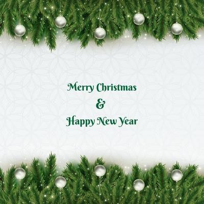 Merry Christmas and Happy New Year. Background Xmas design of brown pine cone, with realistic gifts box, pine branch and glitter gold confetti. Christmas poster, greeting cards, headers, website