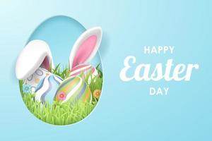 Happy Easter background with realistic painted eggs, grass, flowers and rabbit ears. Vector illustration