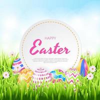 Happy Easter background with realistic painted eggs, grass, flowers. Vector illustration