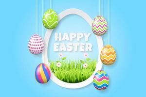 Happy Easter background with realistic painted eggs, grass, flowers. Vector illustration