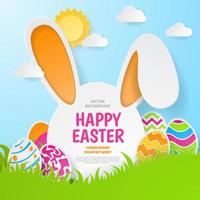 Happy Easter background with eggs, grass and bunny shaped. Paper Art. Vector Illustration.