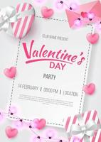 Valentine's Day party poster with Heart Shaped, love letter, gift and love shaped lamp vector