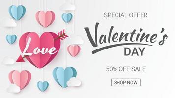 Valentine's Day sale banner. Paper cut style. Vector illustration