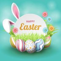 Happy Easter background with realistic painted eggs, grass, flowers and rabbit ears. Vector illustration